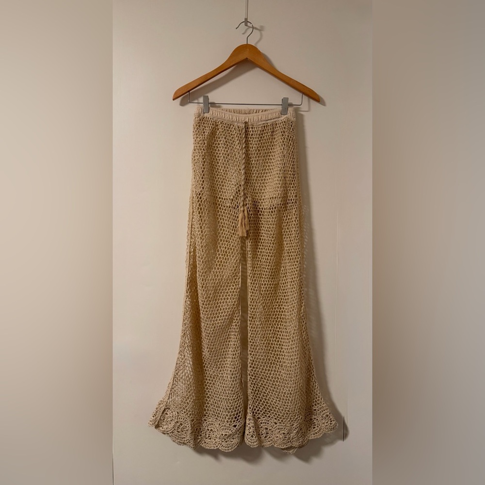 Beige Crochet Wide-Leg Pants